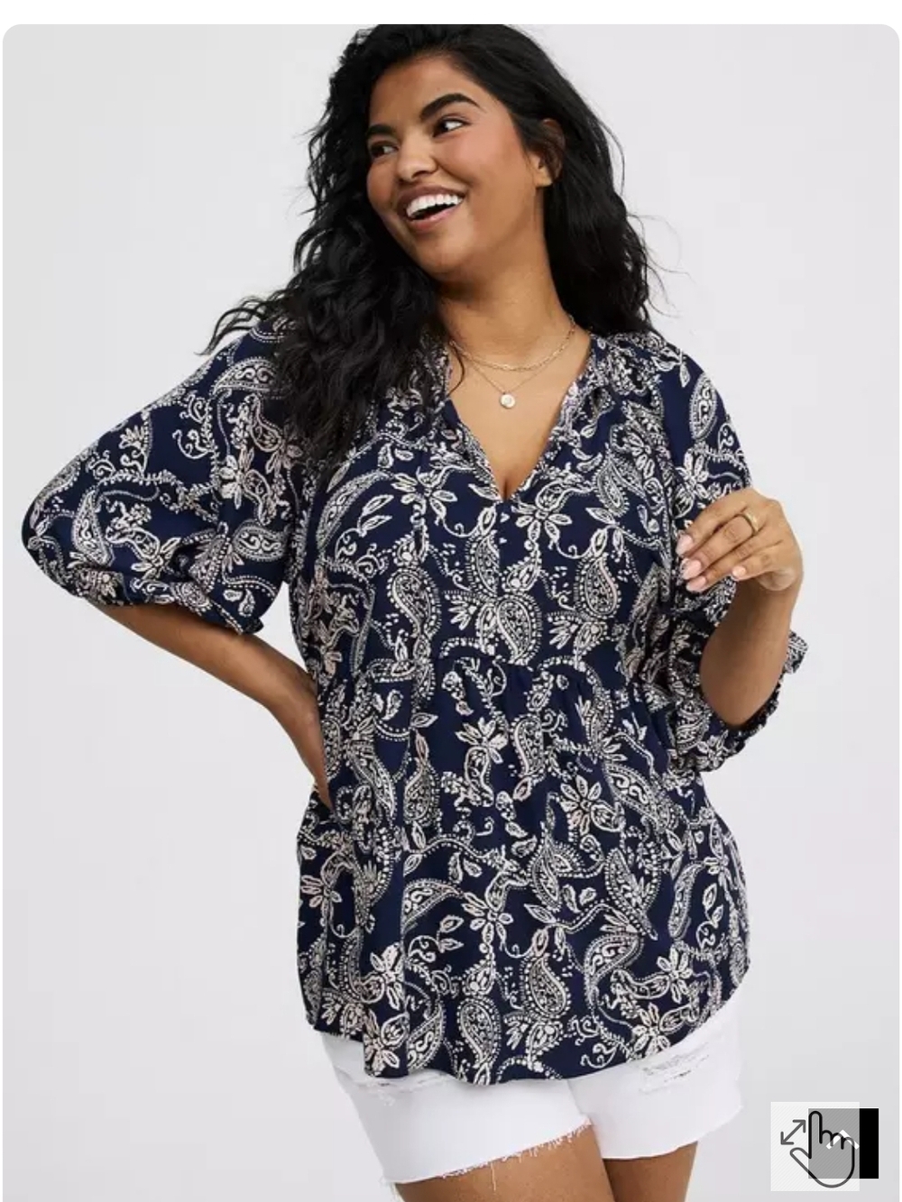 torrid Challis Navy & Cream Paisley V-Neck Peasant Blouse (Size 3 Torrid) NWT